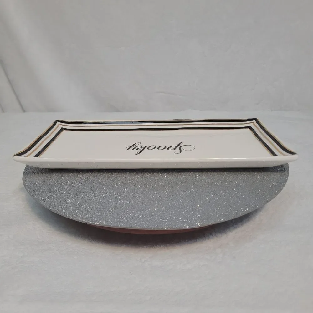 Terramoto Ceramic Halloween Spooky Serving Tray Platter White Black Gold Stripes